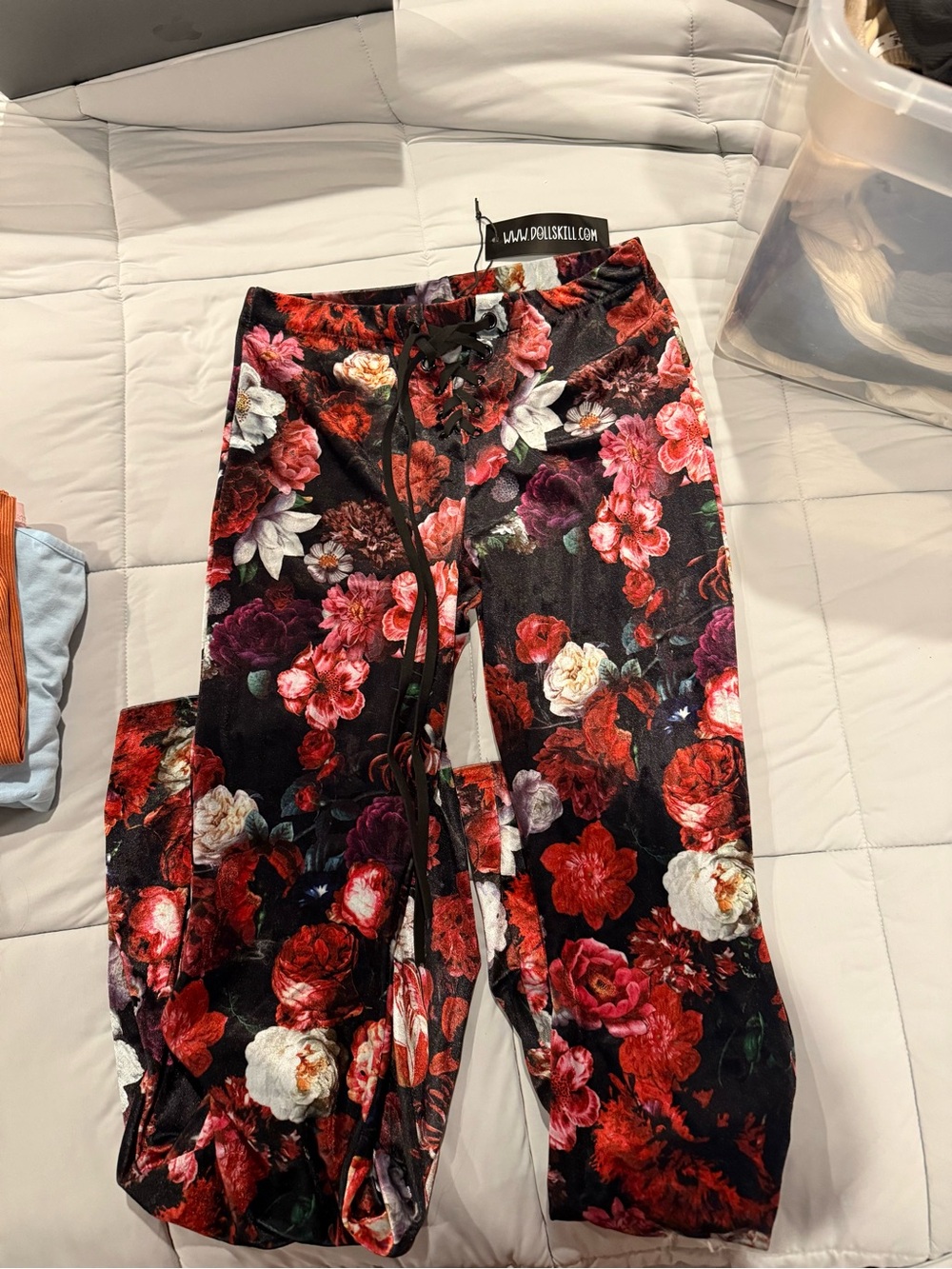 Dolls Kill Black Floral Lace-Up Velvet Wide-Leg Pants